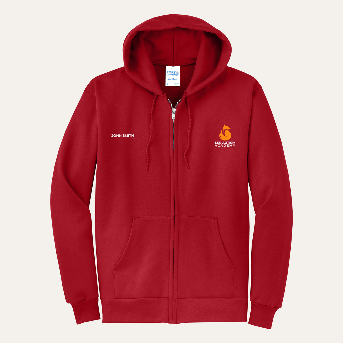 Red adult full-zip hoodie with the orange Lee Autism Academy fox logo on the left chest and a custom name on the right chest