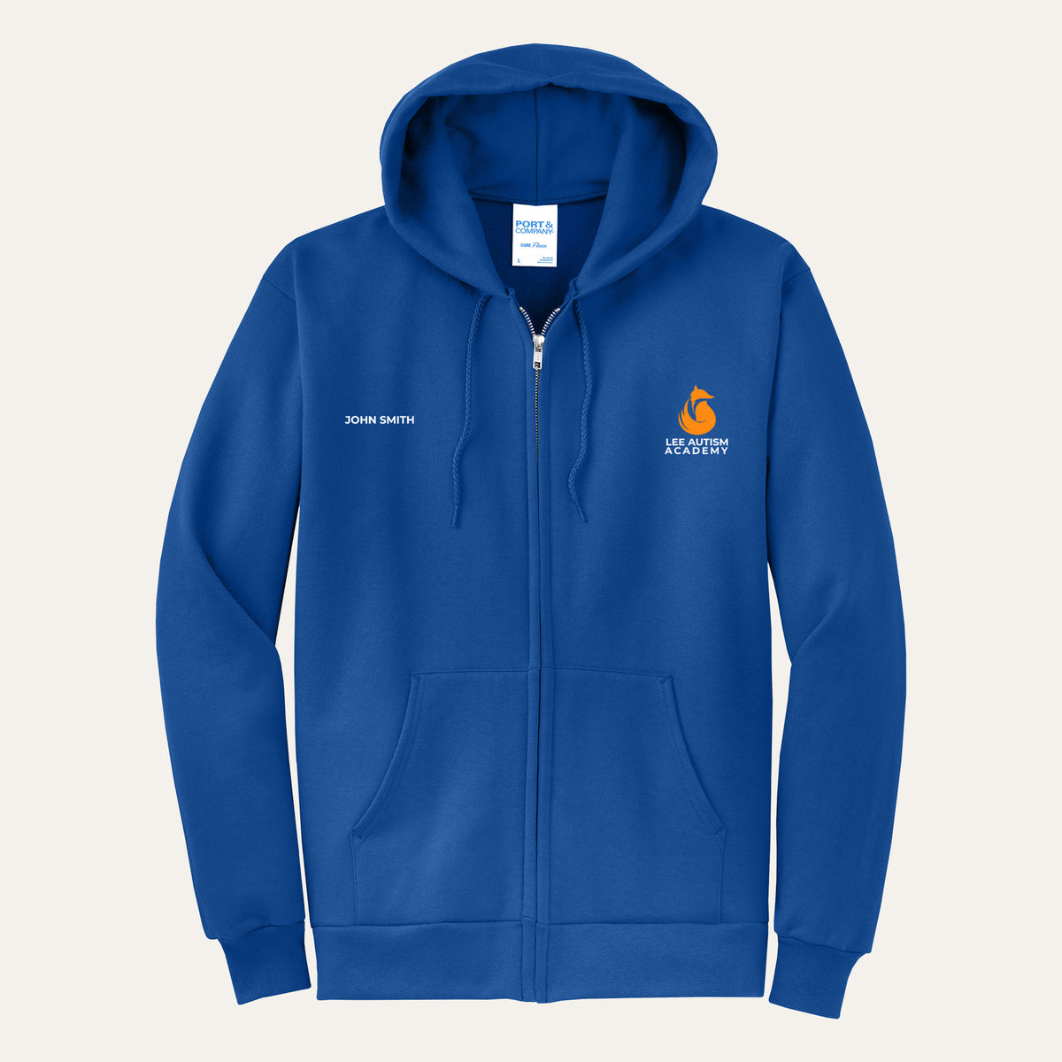 Royal adult full-zip hoodie with the orange Lee Autism Academy fox logo on the left chest and a custom name on the right chest