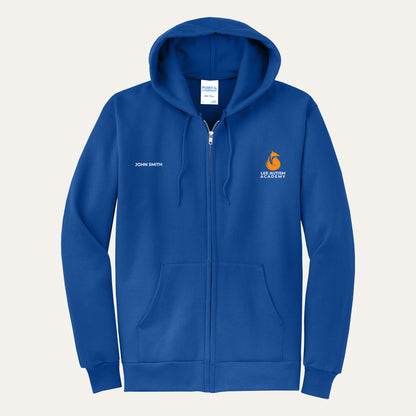 Royal adult full-zip hoodie with the orange Lee Autism Academy fox logo on the left chest and a custom name on the right chest