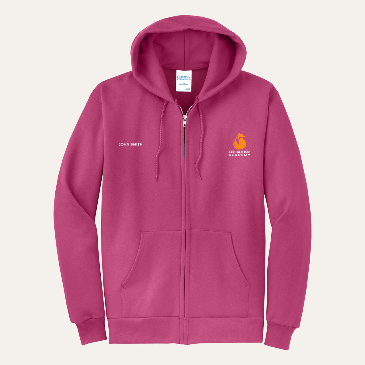 Sangria adult full-zip hoodie with the orange Lee Autism Academy fox logo on the left chest and a custom name on the right chest