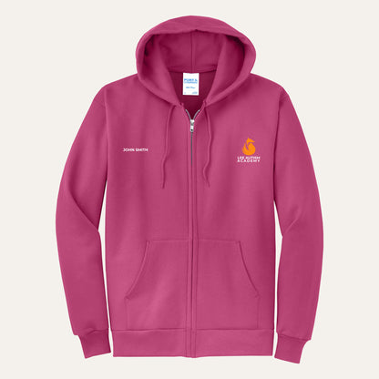 Sangria adult full-zip hoodie with the orange Lee Autism Academy fox logo on the left chest and a custom name on the right chest