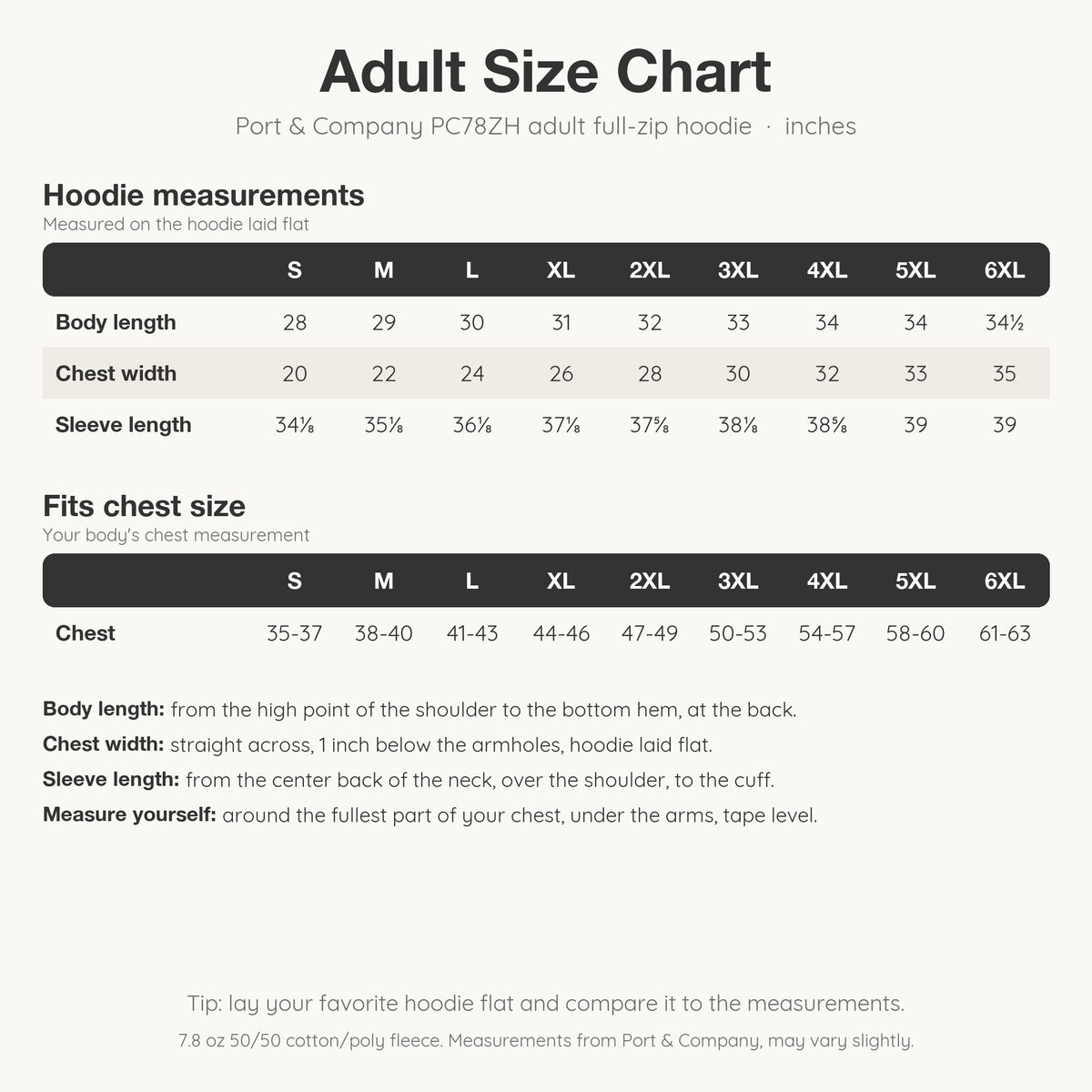 Adult size chart for the Port & Company PC78ZH full-zip hoodie, sizes S to 6XL