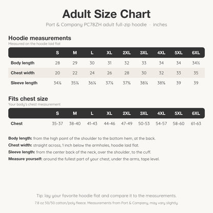 Adult size chart for the Port & Company PC78ZH full-zip hoodie, sizes S to 6XL