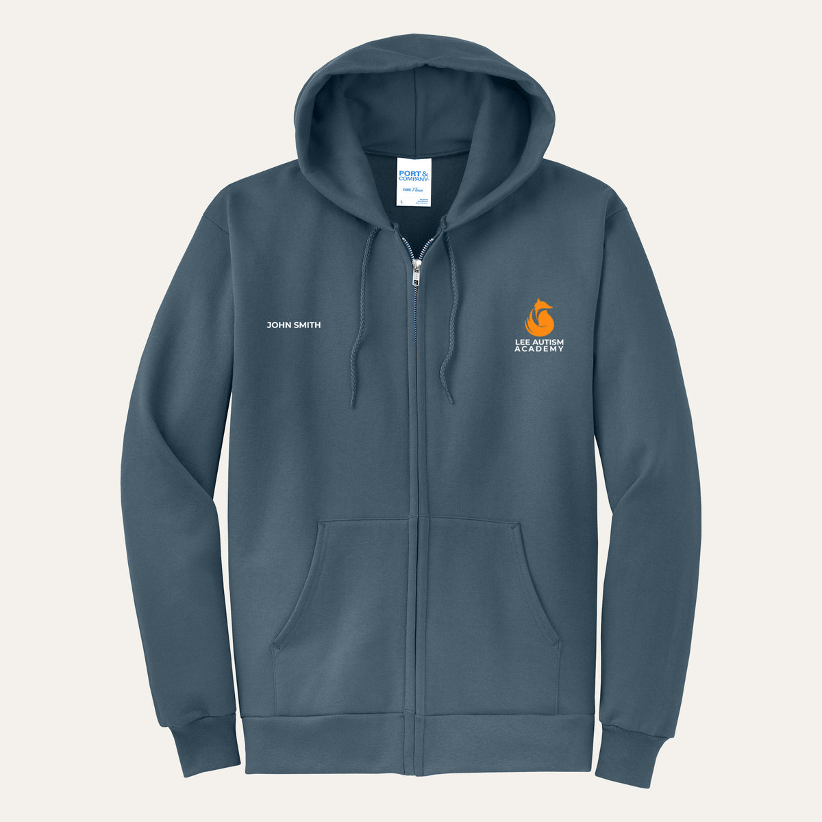 Steel Blue adult full-zip hoodie with the orange Lee Autism Academy fox logo on the left chest and a custom name on the right chest