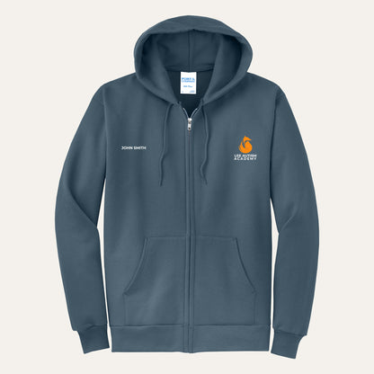 Steel Blue adult full-zip hoodie with the orange Lee Autism Academy fox logo on the left chest and a custom name on the right chest