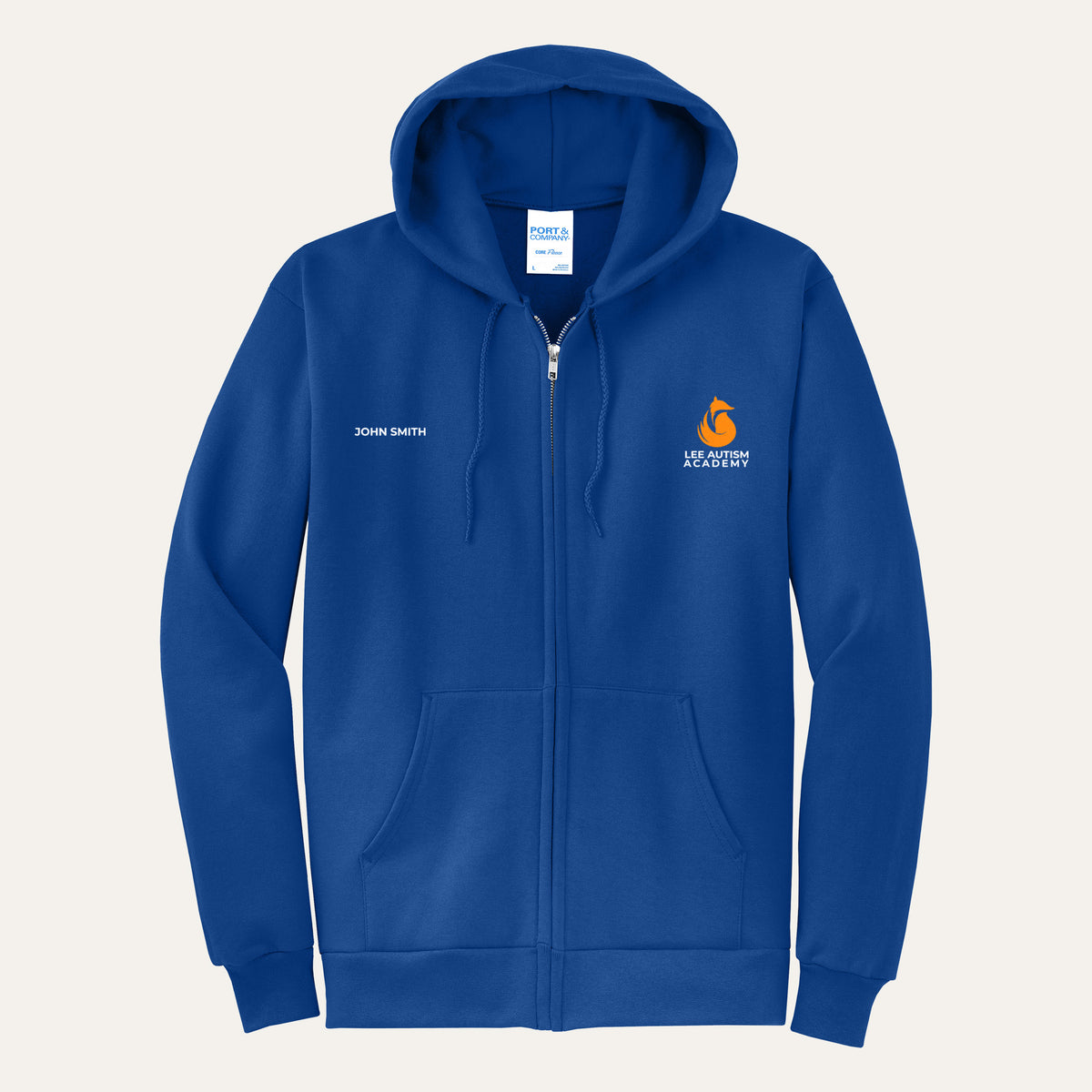 True Royal adult full-zip hoodie with the orange Lee Autism Academy fox logo on the left chest and a custom name on the right chest