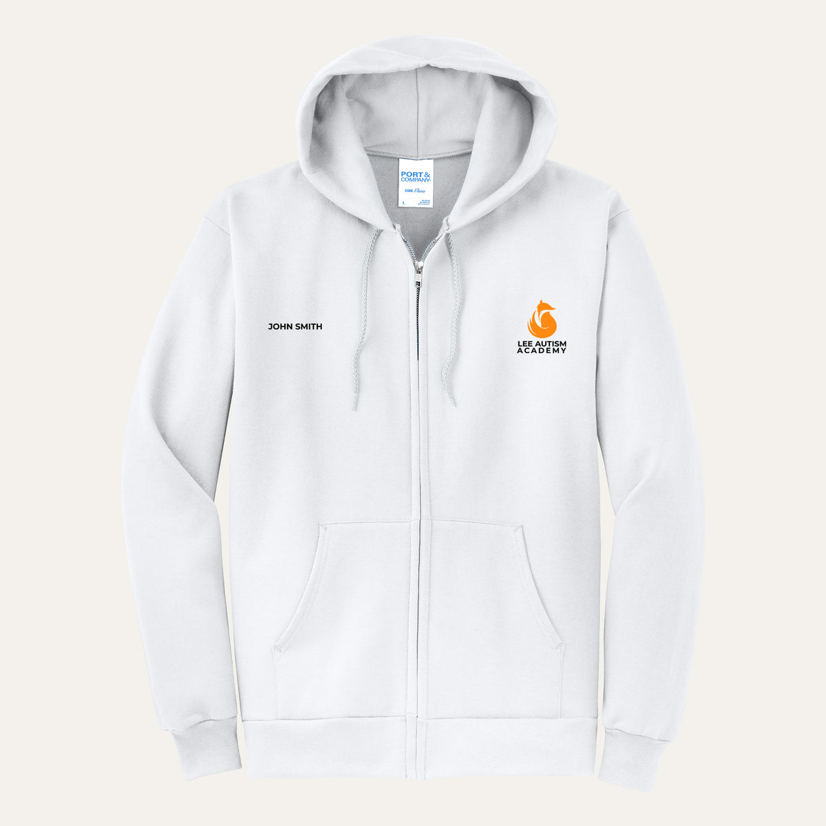 White adult full-zip hoodie with the orange Lee Autism Academy fox logo on the left chest and a custom name on the right chest