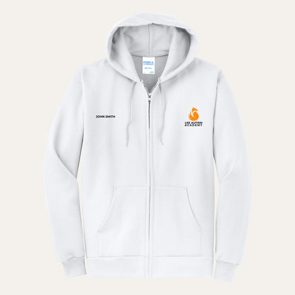 White adult full-zip hoodie with the orange Lee Autism Academy fox logo on the left chest and a custom name on the right chest