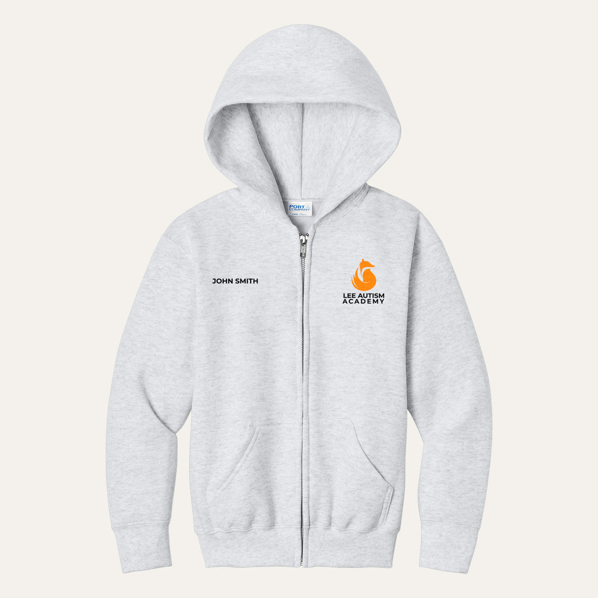 Ash youth full-zip hoodie with the orange Lee Autism Academy fox logo on the left chest and a custom name on the right chest