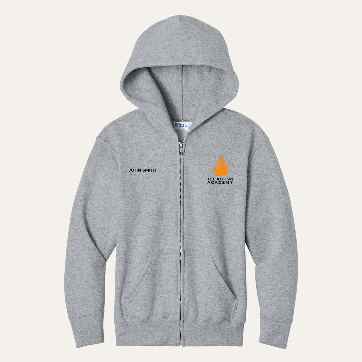 Athletic Heather youth full-zip hoodie with the orange Lee Autism Academy fox logo on the left chest and a custom name on the right chest