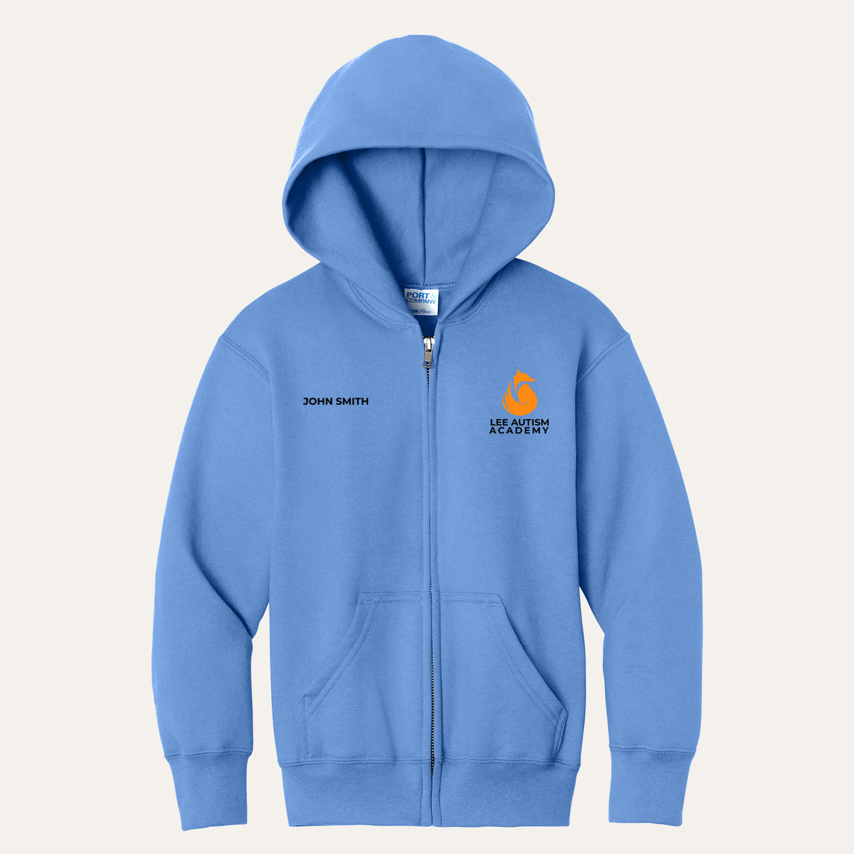 Carolina Blue youth full-zip hoodie with the orange Lee Autism Academy fox logo on the left chest and a custom name on the right chest
