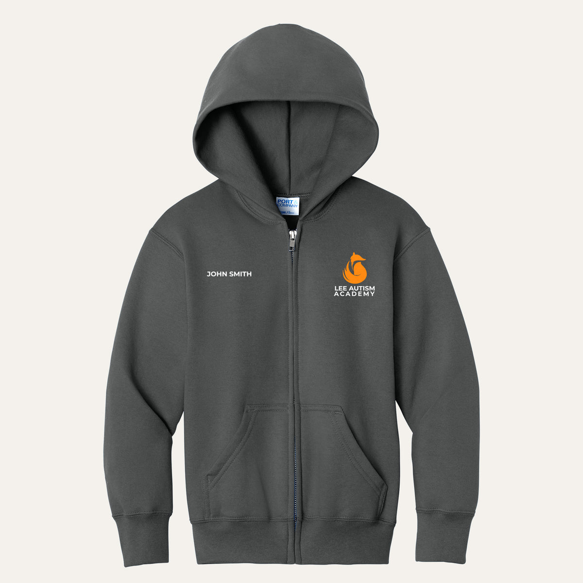 Charcoal youth full-zip hoodie with the orange Lee Autism Academy fox logo on the left chest and a custom name on the right chest