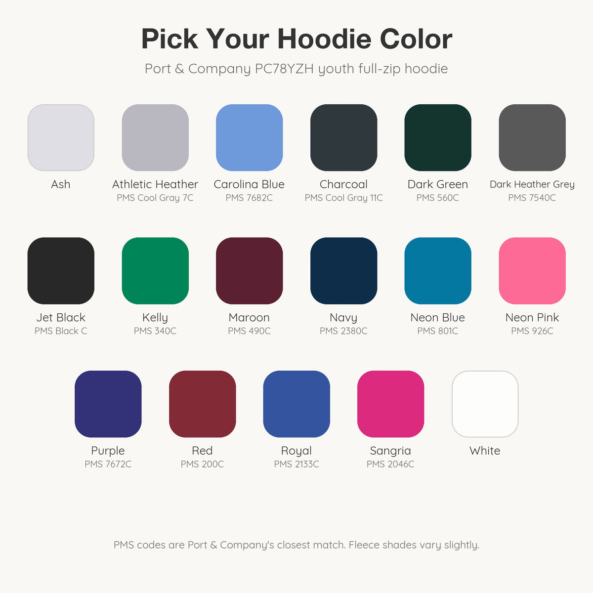 Color chart for the LAA youth zip hoodie: 17 Port & Company PC78YZH colors with PMS codes