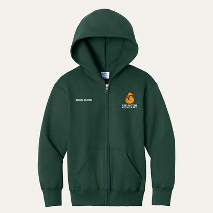Dark Green youth full-zip hoodie with the orange Lee Autism Academy fox logo on the left chest and a custom name on the right chest