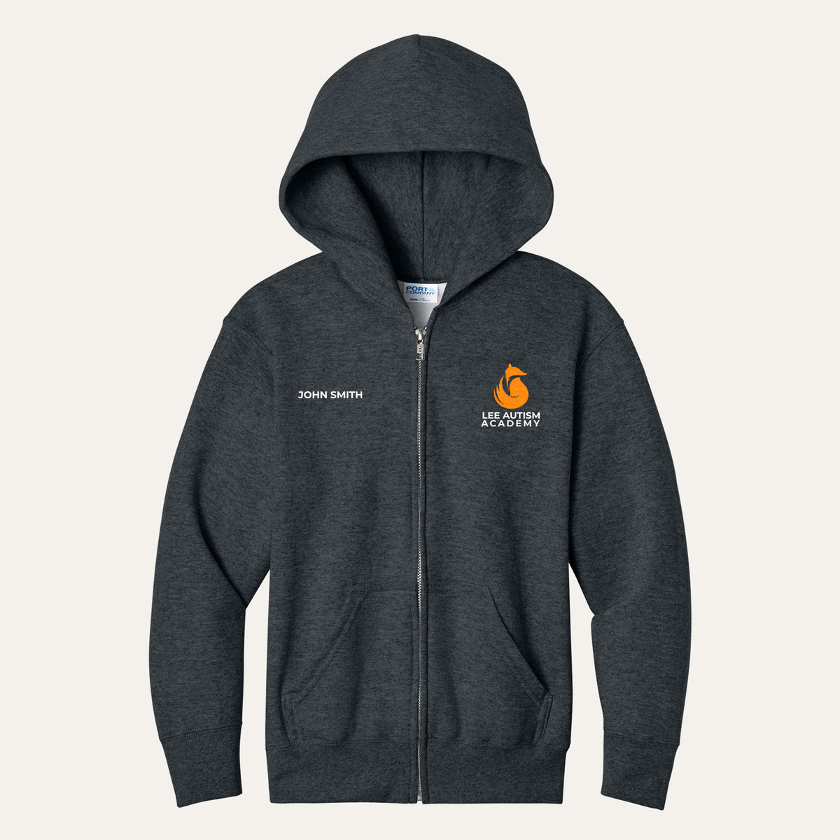 Dark Heather Grey youth full-zip hoodie with the orange Lee Autism Academy fox logo on the left chest and a custom name on the right chest