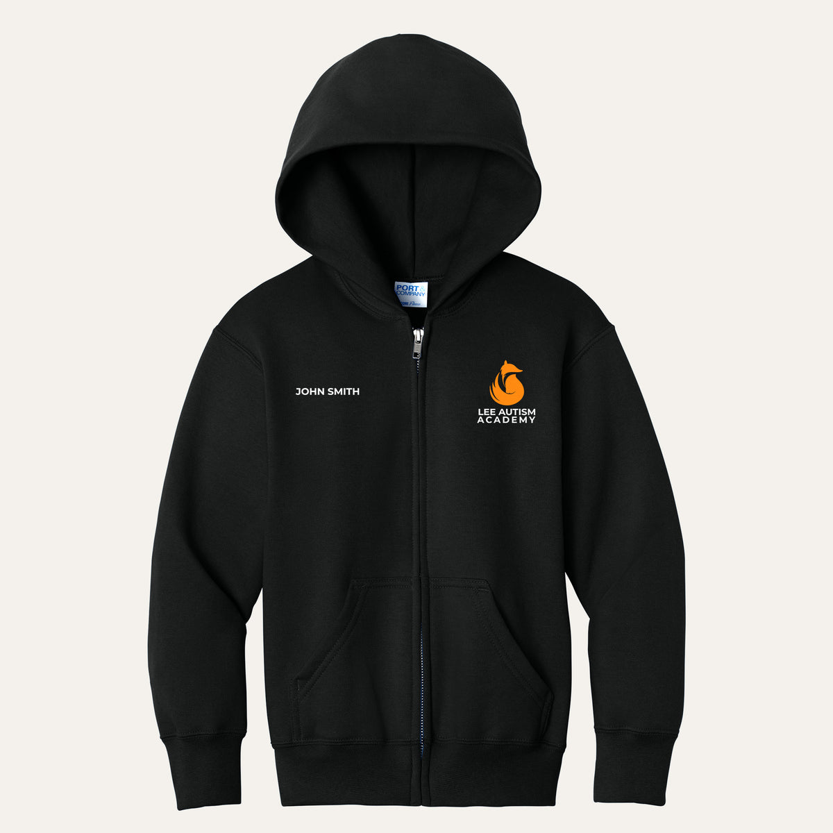 Jet Black youth full-zip hoodie with the orange Lee Autism Academy fox logo on the left chest and a custom name on the right chest
