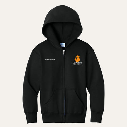 Jet Black youth full-zip hoodie with the orange Lee Autism Academy fox logo on the left chest and a custom name on the right chest