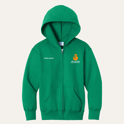 Kelly youth full-zip hoodie with the orange Lee Autism Academy fox logo on the left chest and a custom name on the right chest