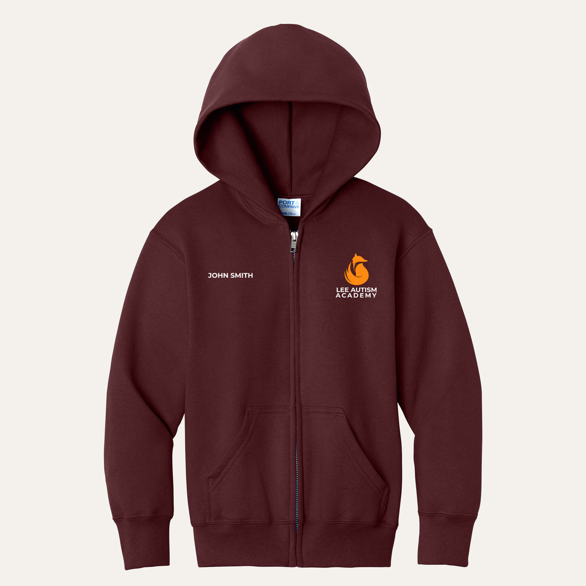 Maroon youth full-zip hoodie with the orange Lee Autism Academy fox logo on the left chest and a custom name on the right chest