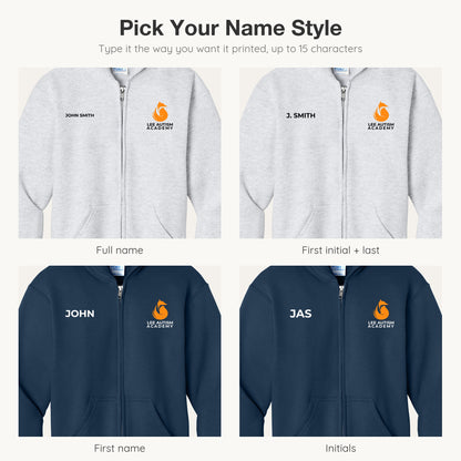 LAA youth zip hoodie name styles: full name, first initial and last name, first name, and initials on the right chest