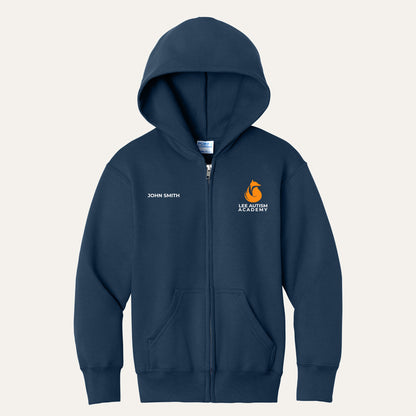 Navy youth full-zip hoodie with the orange Lee Autism Academy fox logo on the left chest and a custom name on the right chest