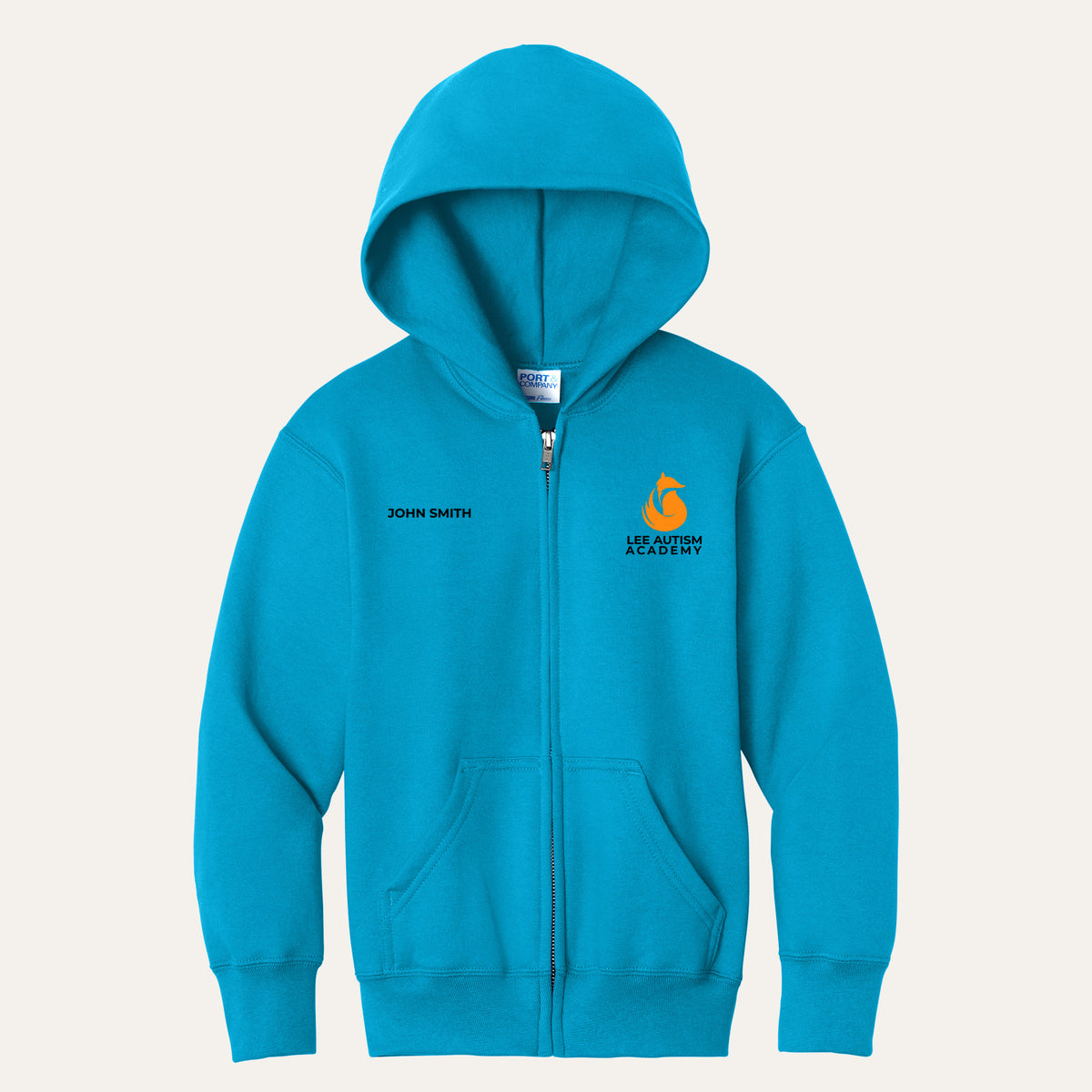 Neon Blue youth full-zip hoodie with the orange Lee Autism Academy fox logo on the left chest and a custom name on the right chest