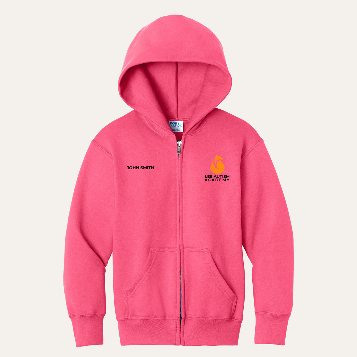 Neon Pink youth full-zip hoodie with the orange Lee Autism Academy fox logo on the left chest and a custom name on the right chest
