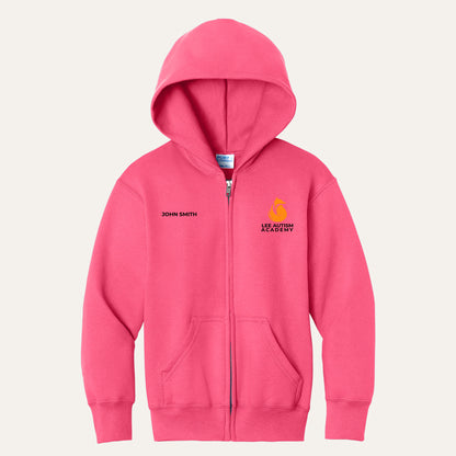Neon Pink youth full-zip hoodie with the orange Lee Autism Academy fox logo on the left chest and a custom name on the right chest
