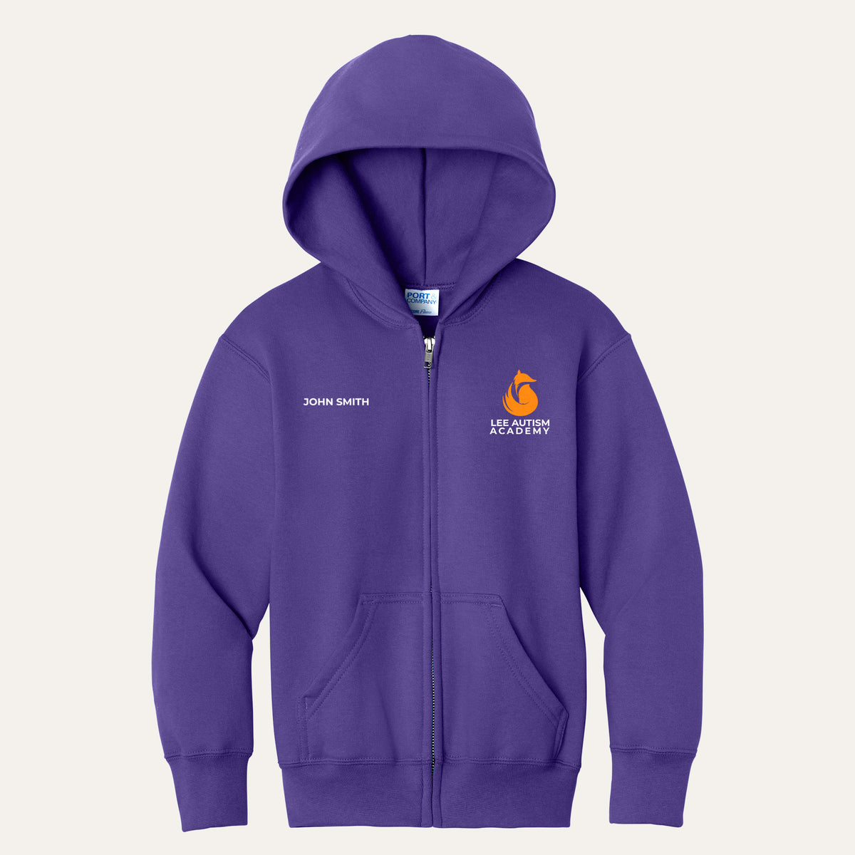 Purple youth full-zip hoodie with the orange Lee Autism Academy fox logo on the left chest and a custom name on the right chest