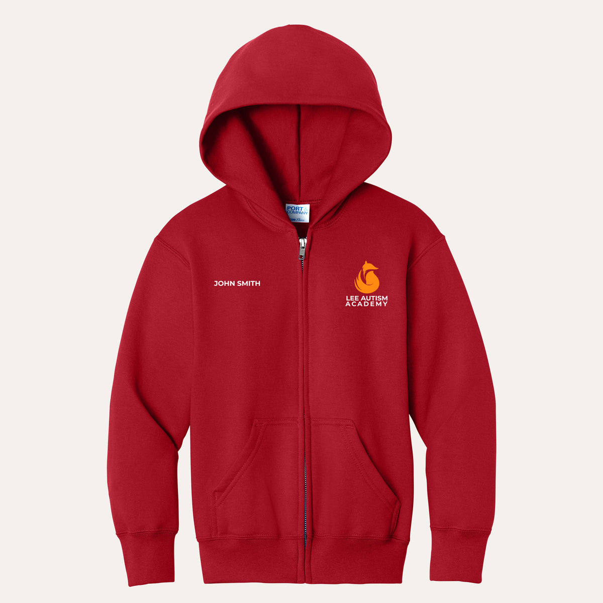 Red youth full-zip hoodie with the orange Lee Autism Academy fox logo on the left chest and a custom name on the right chest
