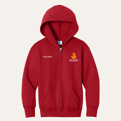 Red youth full-zip hoodie with the orange Lee Autism Academy fox logo on the left chest and a custom name on the right chest