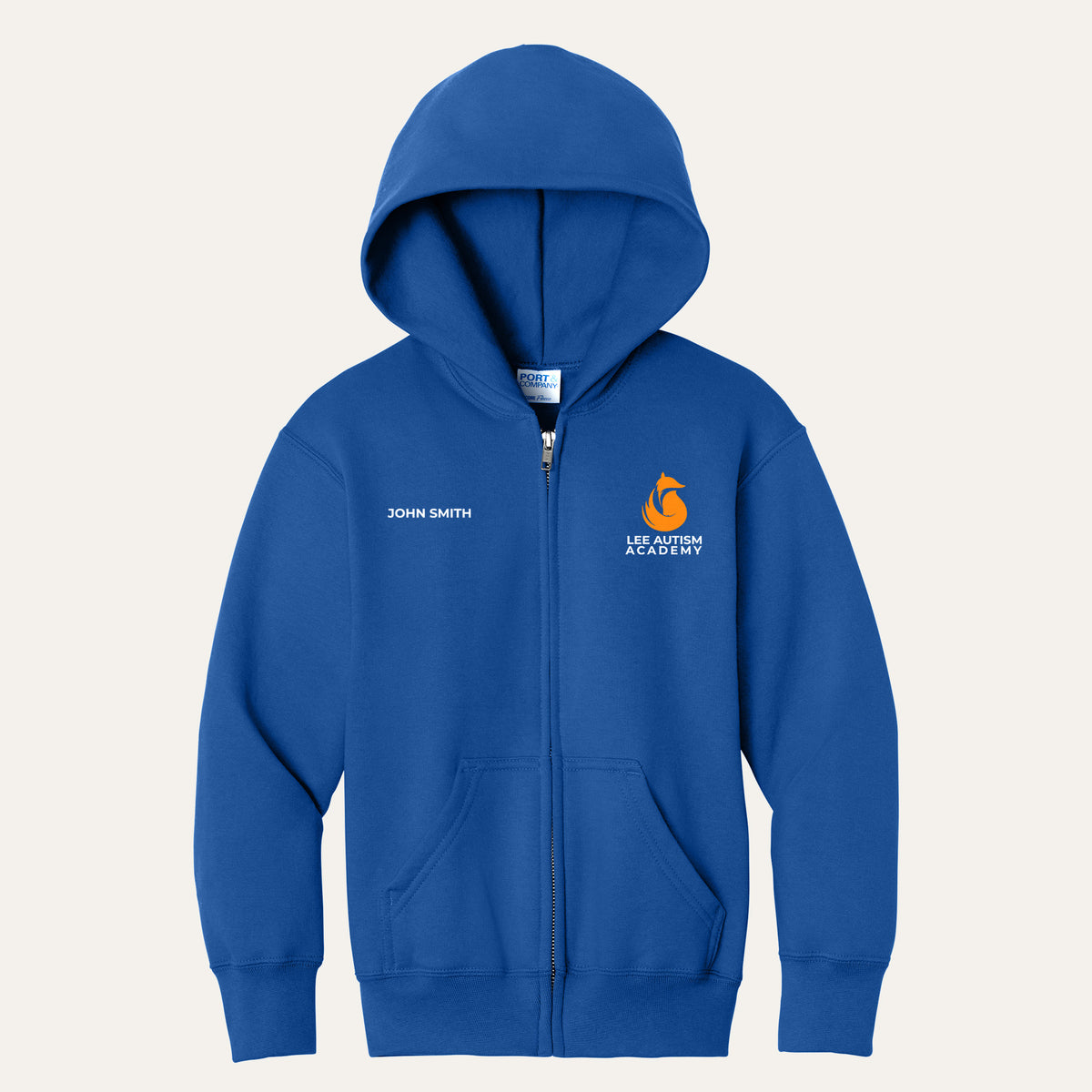 Royal youth full-zip hoodie with the orange Lee Autism Academy fox logo on the left chest and a custom name on the right chest