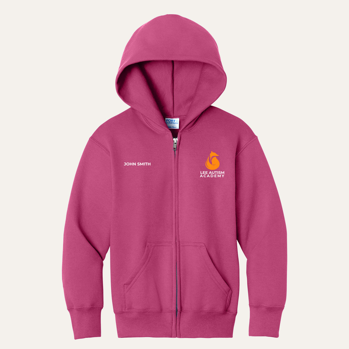 Sangria youth full-zip hoodie with the orange Lee Autism Academy fox logo on the left chest and a custom name on the right chest