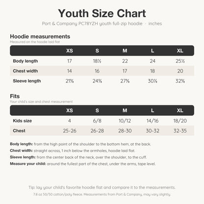 Youth size chart for the Port & Company PC78YZH full-zip hoodie, sizes XS to XL