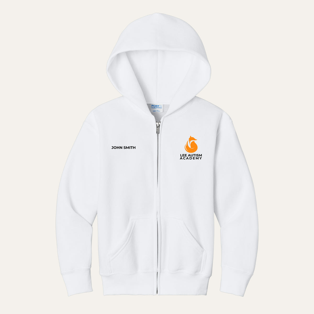 White youth full-zip hoodie with the orange Lee Autism Academy fox logo on the left chest and a custom name on the right chest