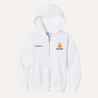 White youth full-zip hoodie with the orange Lee Autism Academy fox logo on the left chest and a custom name on the right chest