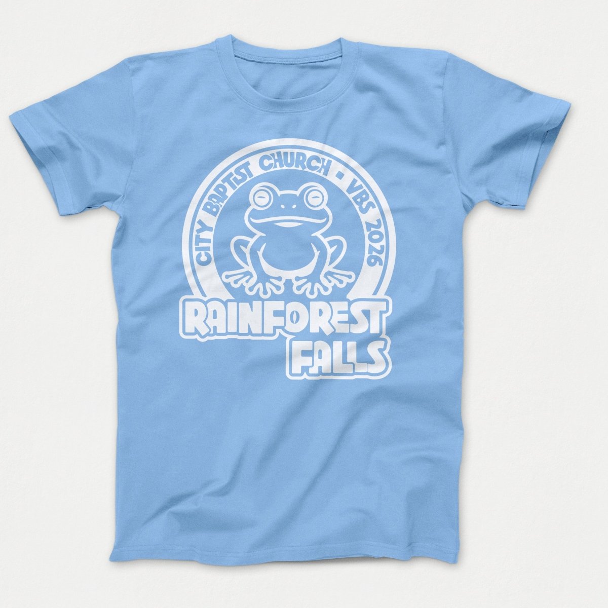 Rainforest Falls VBS Kids Shirts Frog Design Light Blue - Polkabean