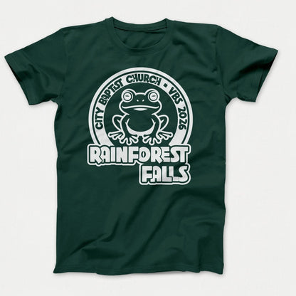 Rainforest Falls VBS Shirt Frog Design - Adult Shirts Dark Green - Polkabean