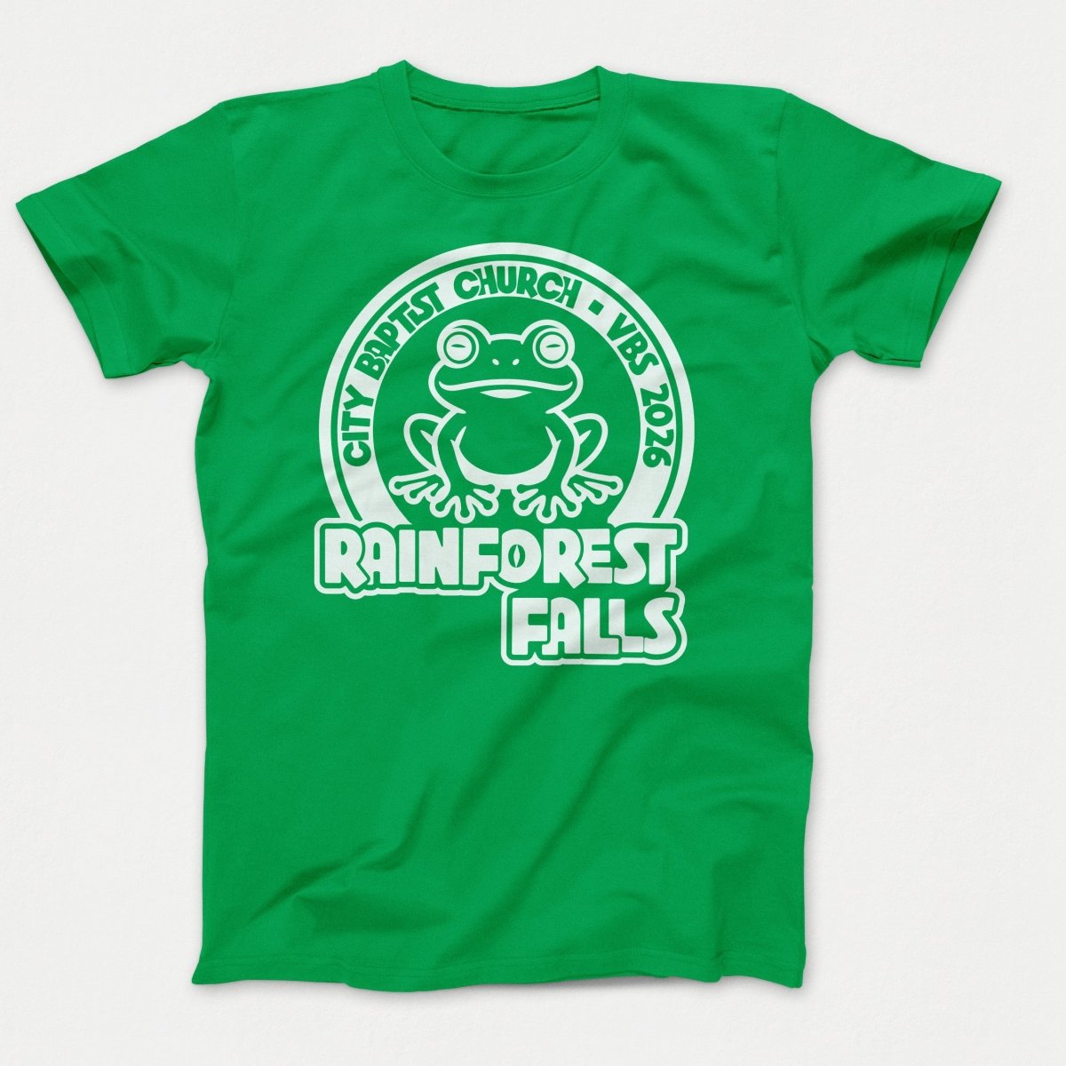 Rainforest Falls VBS Shirt Frog Design - Adult Shirts Clover Green - Polkabean