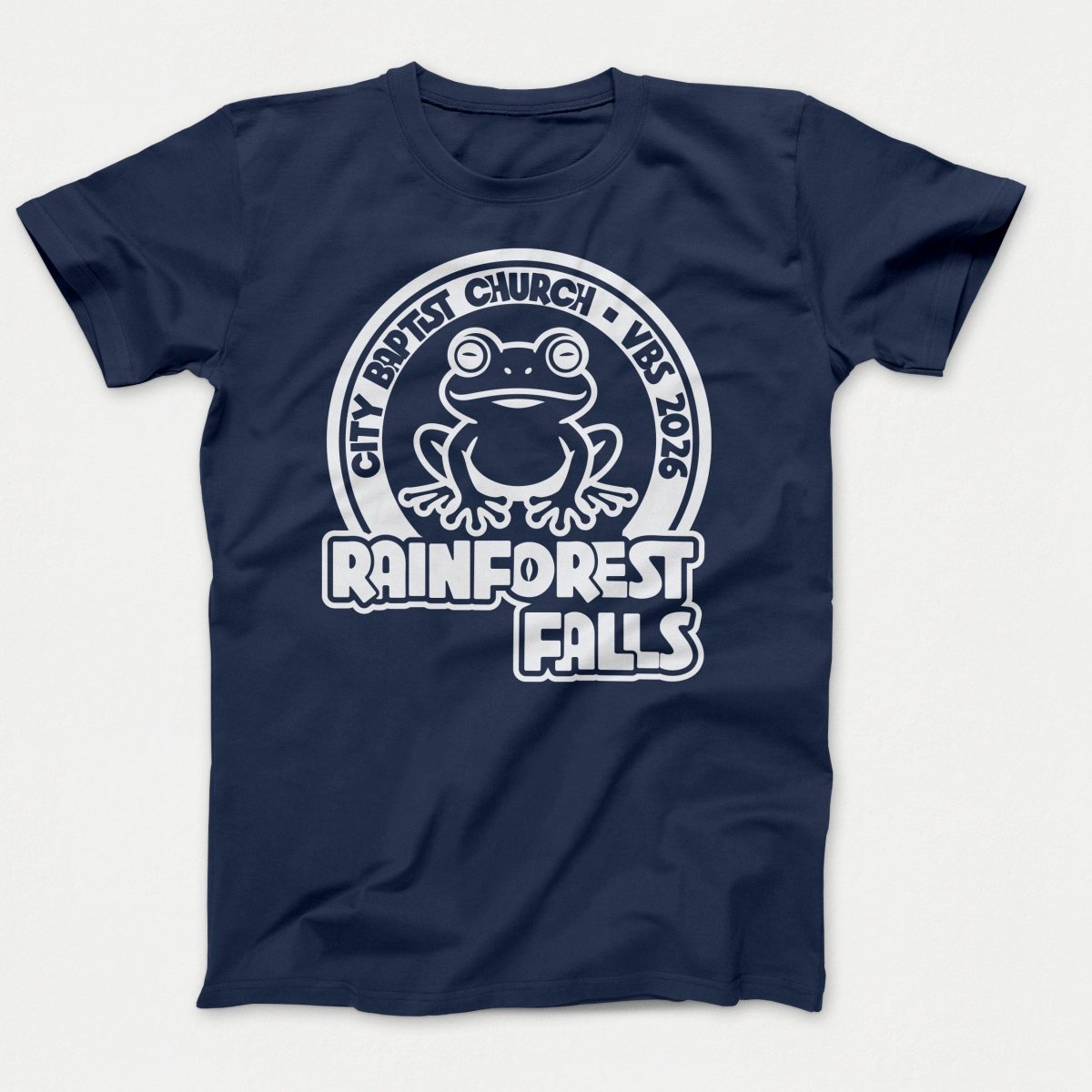 Rainforest Falls VBS Shirt Frog Design - Adult Shirts Navy - Polkabean