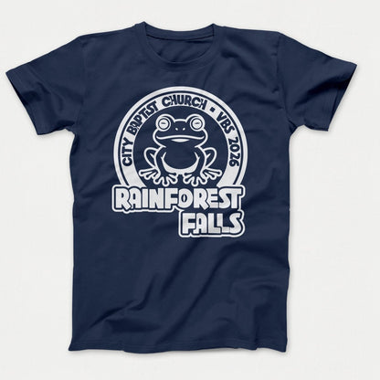 Rainforest Falls VBS Shirt Frog Design - Adult Shirts Navy - Polkabean