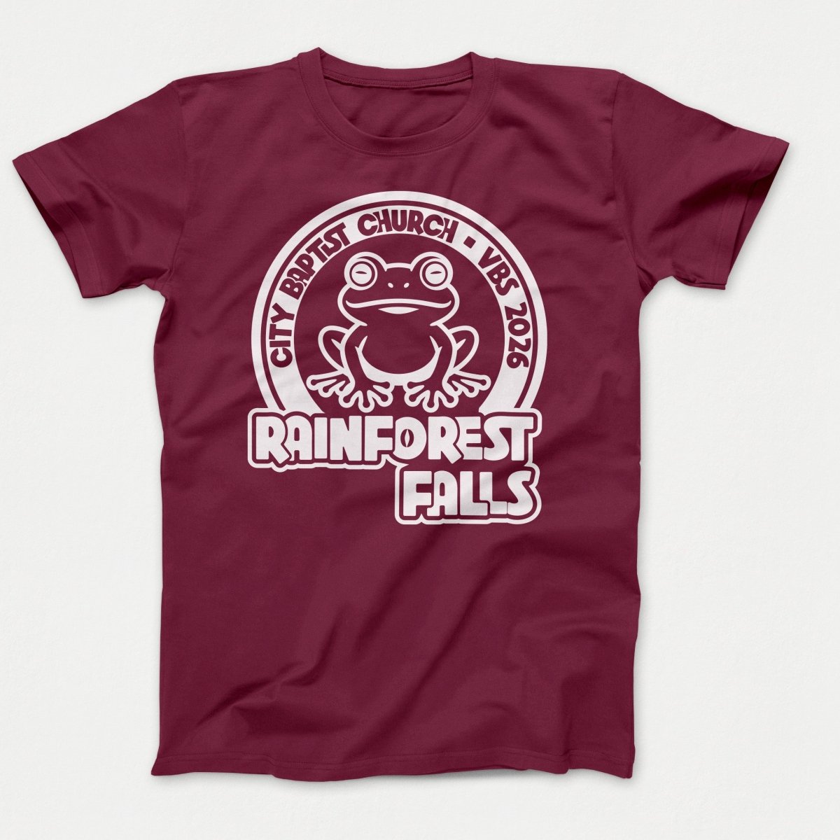 Rainforest Falls VBS Shirt Frog Design - Adult Shirts Athletic Maroon - Polkabean