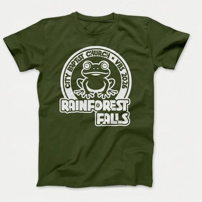 Rainforest Falls VBS Shirt Frog Design - Adult Shirts Olive - Polkabean