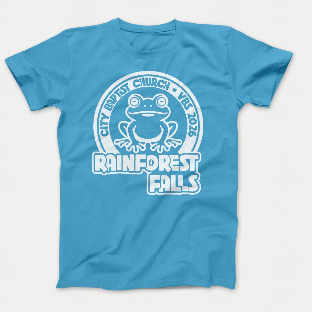 Rainforest Falls VBS Shirt Frog Design - Adult Shirts Aquatic Blue - Polkabean
