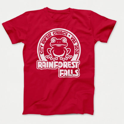 Rainforest Falls VBS Shirt Frog Design - Adult Shirts Red - Polkabean
