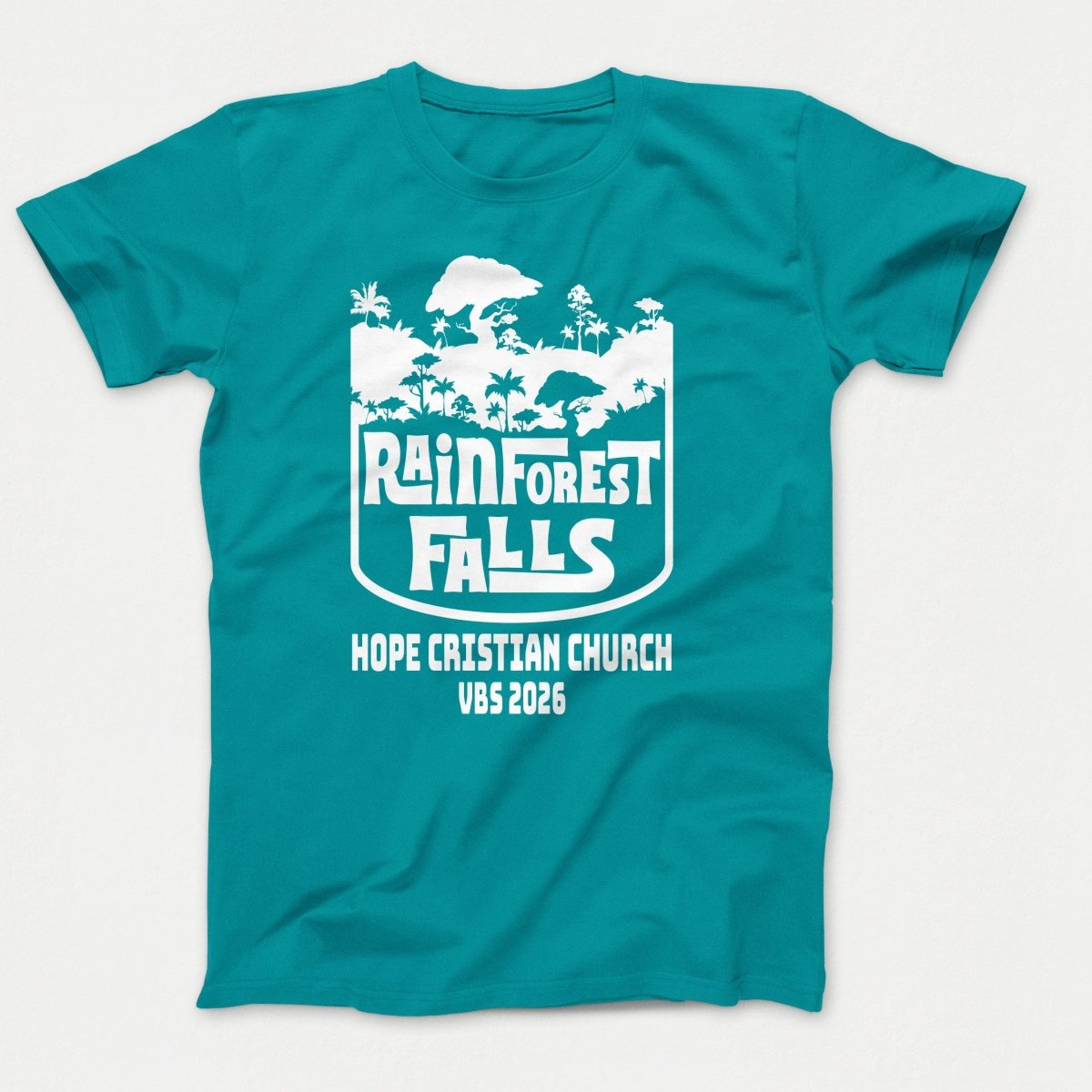Rainforest Falls VBS Shirt - Rainforest Badge - Youth Shirts Bright Aqua - Polkabean