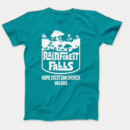 Rainforest Falls VBS Shirt - Rainforest Badge - Youth Shirts Bright Aqua - Polkabean