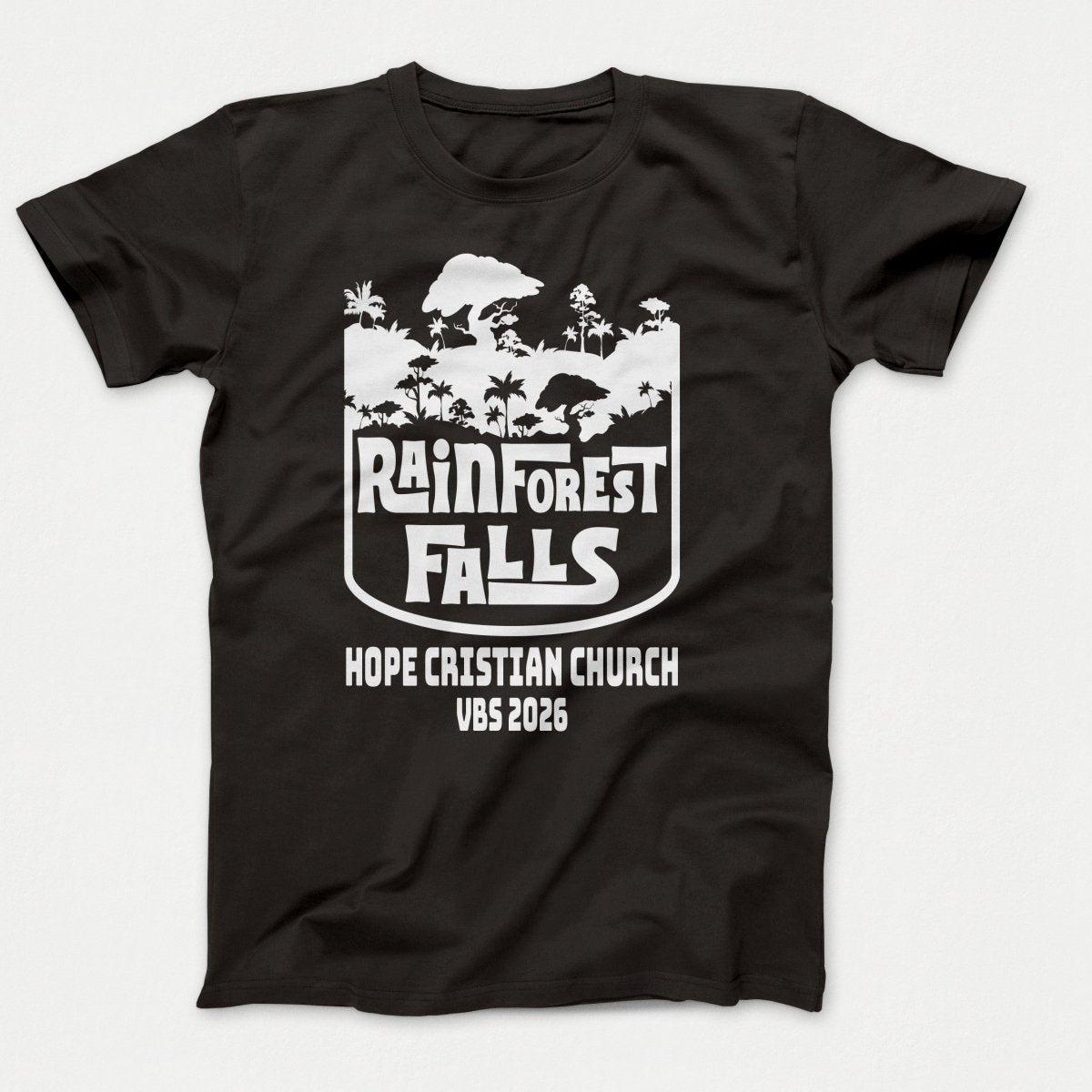Rainforest Falls VBS Shirts - Rainforest Badge - Adult T-shirts Jet Black - Polkabean