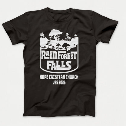 Rainforest Falls VBS Shirts - Rainforest Badge - Adult T-shirts Jet Black - Polkabean