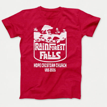 Rainforest Falls VBS Shirts - Rainforest Badge - Adult T-shirts Heather Red - Polkabean